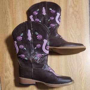 Size 13 KIDS - Roper Kids Brown and Pink Embroidered Faux Leather Boots